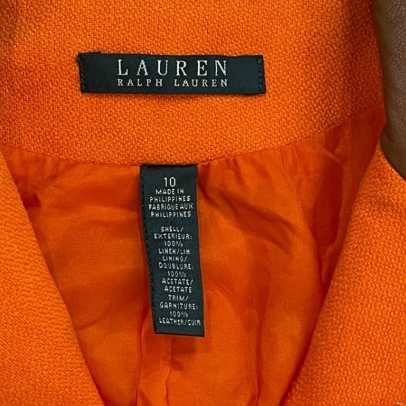 Lauren Ralph Lauren Orange Linen Blend Blazer Jacket Size 10 Leather Collar - Picture 9 of 10